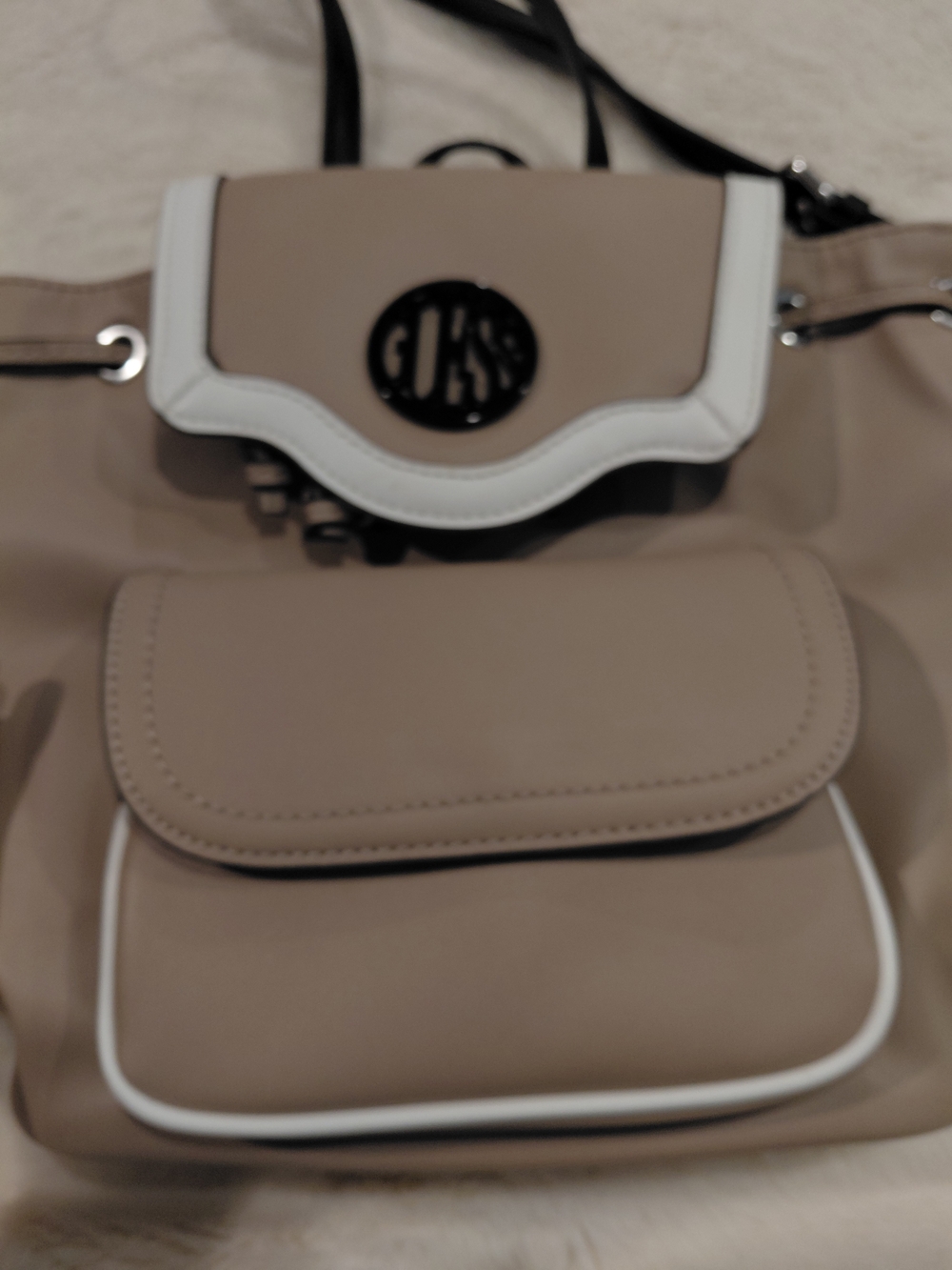 Guess Taupe and White Women’s Shoulder Bag With Black Accents